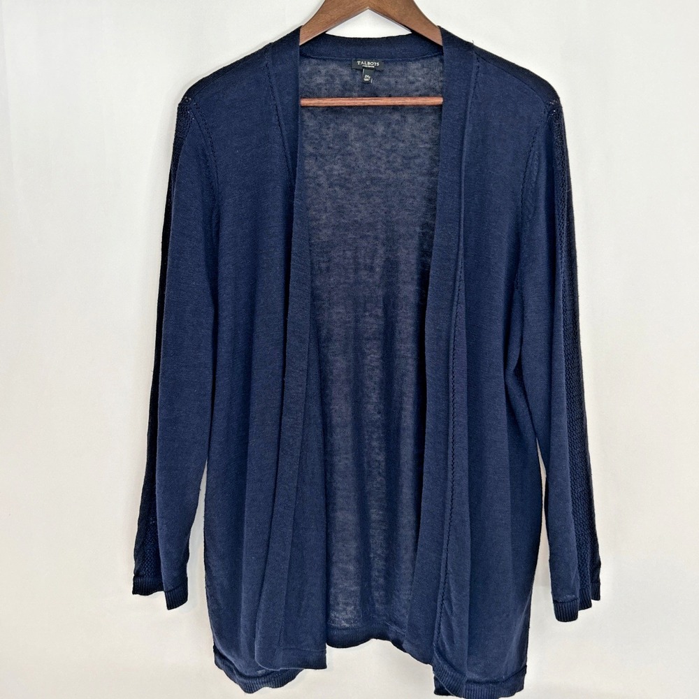 Talbots Cardigan Women 2XP Navy Blue Linen Open Front Pointelle Sweater Layering